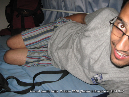 dinesh wagle on the upper berth of an AC sleeper bus from salem to bangalore
