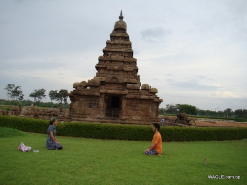 Shore Temple and Devotees. Mahabalipuram india stone carving monolith temples