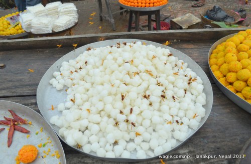 Sweets on sale at a stall inside the Janaki temple compound.
