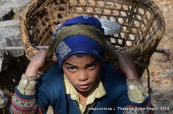 A Dalit boy carries drinking water in gaagri to his home from a nearby tap in Thabang village.