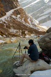 Here's the story: Slipped from the rock where the tripod's standing, dipped the right leg in cold water, fortunately didn't fully go into water, walked for half an hour in wet shoe-- then it dried.
