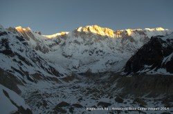 First Rays Of the New Rising Sun on the Mighty Annapurna: Sun caste its first rays of the day over the summit of 8091 m Annapurna I.