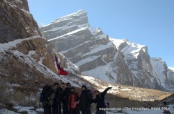 Boys from Kathmandu carried Nepali national flag as they trekked near MBC