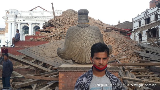 Statue of Garuda, in praying mode, stood still at the entrance of completely demolished Trailokya Mohan Temple.