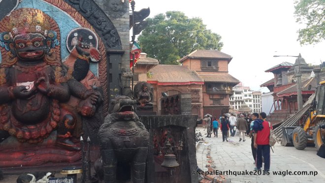 A day after the #NepalEarthquake, there were two dogs sleeping in front of the otherwise busy statue of Kal Bhairav in Kathmandu Darbar Square.