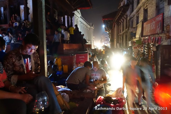 Stairs of the Trailokya Mohan Temple-- House of Kumari (Kumari Ghar) seen on the right in this 25 April 2013 photo taken from the Kastamandap side.